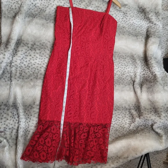MILLY Kiss Red Lace Spaghetti Strap Slim Grace Dress With Flounce Hem - Picture 15 of 16